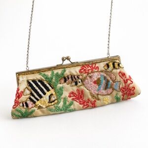 Vintage 50s Beaded Aquarium Fish Clutch Satin Sequin Evening Bag